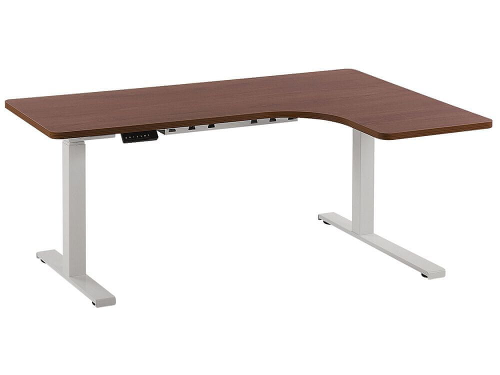 Beliani Rohový písací stôl elektricky nastaviteľný pravostranný 160 x 110 cm tmavé drevo s bielou DESTIN II